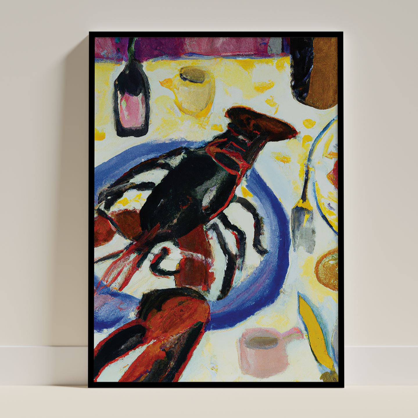 a black wooden frame with a lobster on a table setting, on a white background