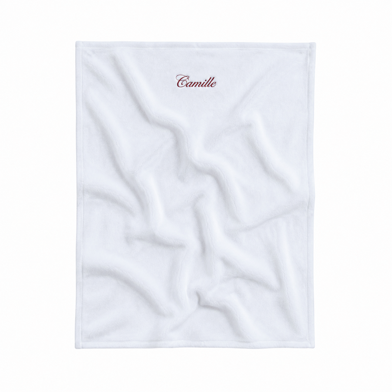 white fleece plaid for baby's with embroidered name. gepersonaliseerd fleece dekentje voor baby's