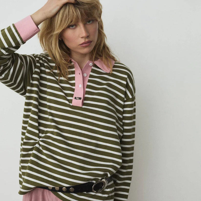 Duse khaki striped longsleeve polo t-shirt