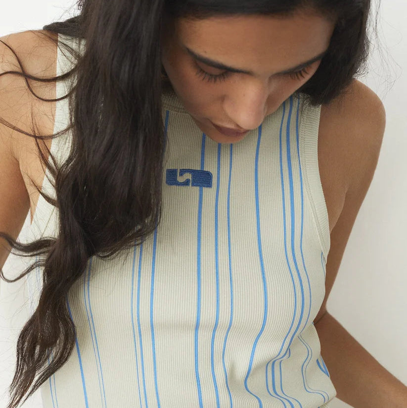 Light blue striped logo tank top