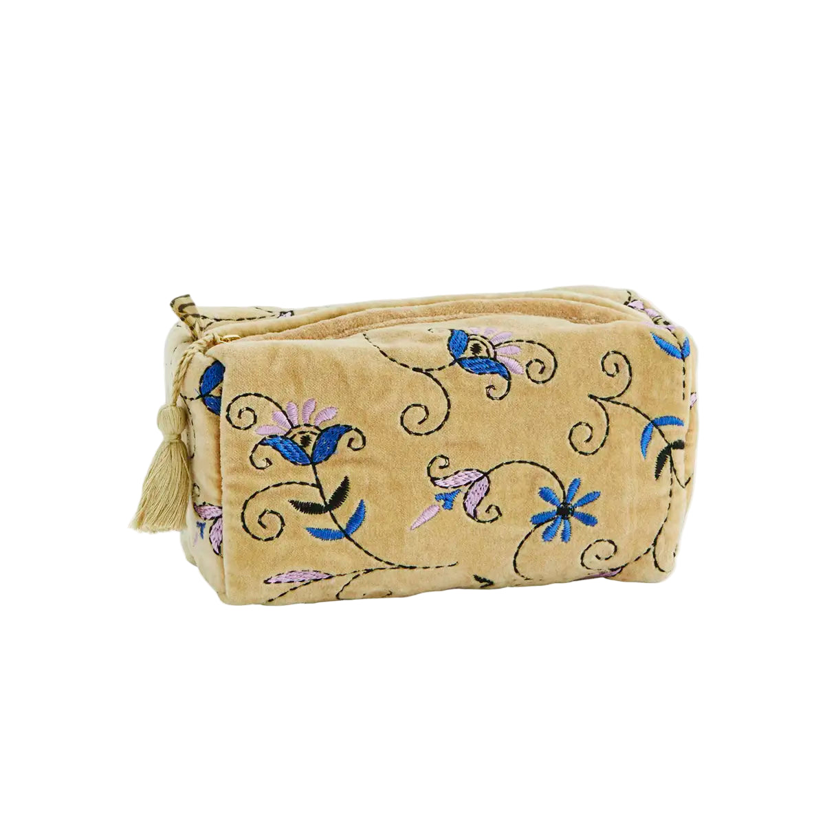 Embroidered velvet washbag yellow