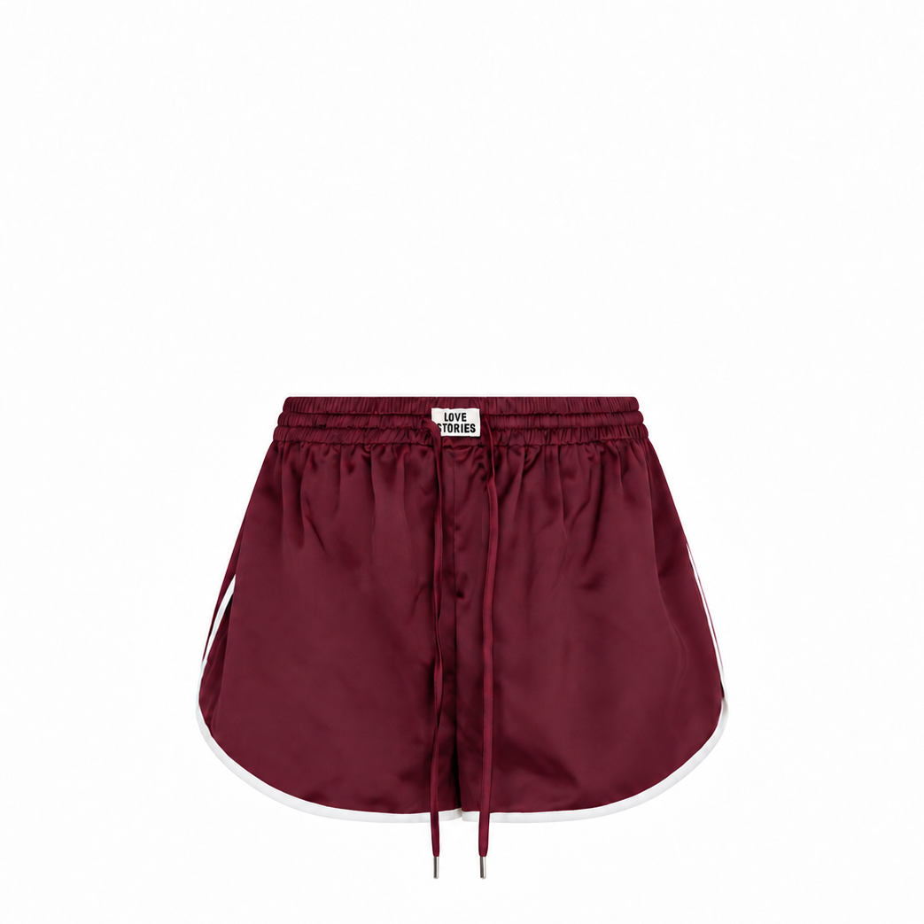 bordeaux satin shorts with white hem
love stories logo