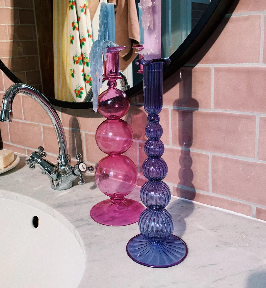 Lavender bubble glass pink candle holder